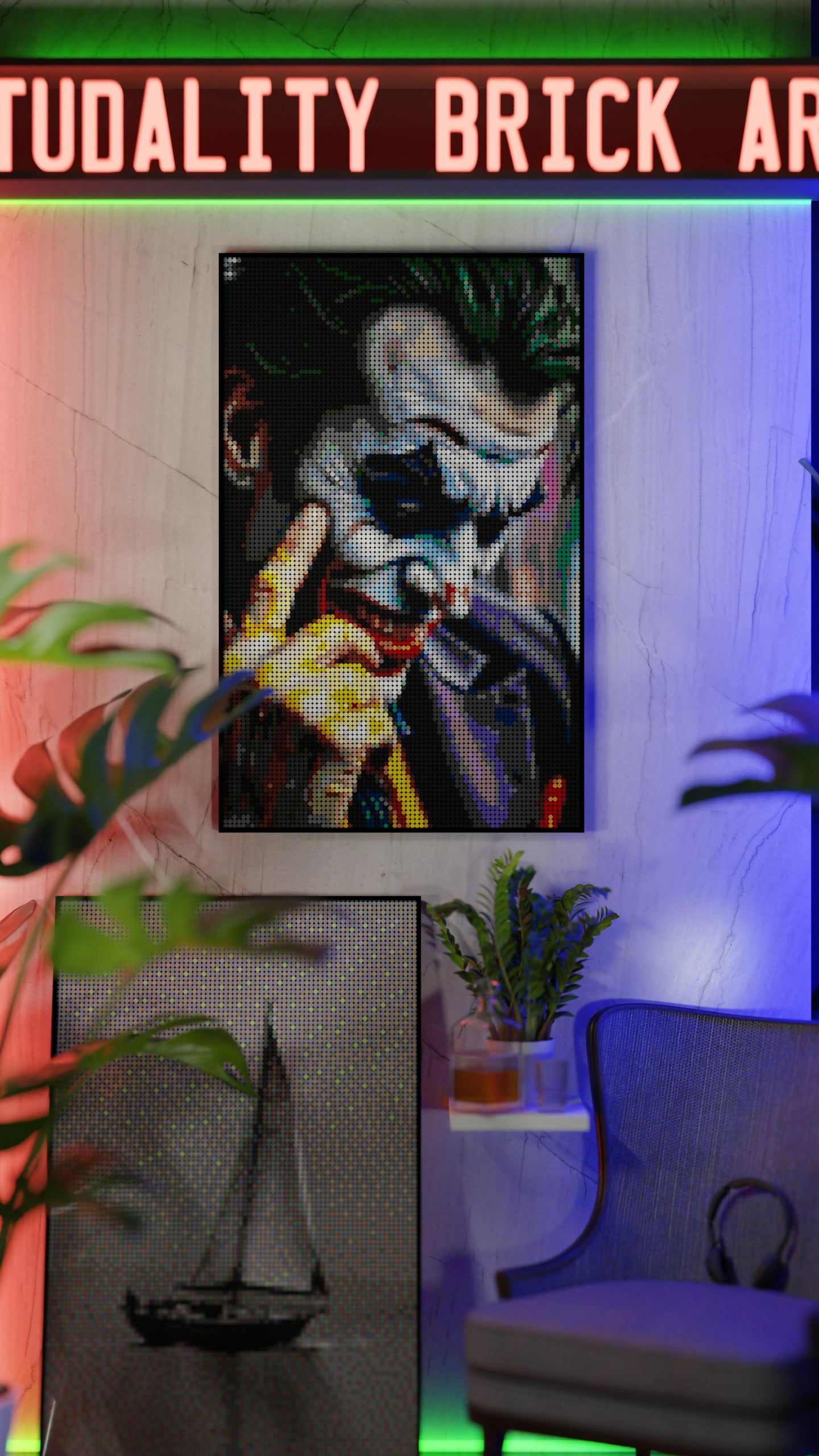 Tony Eats LEGO® Style mosaic wall art made from colorful plastic bricks
